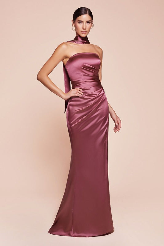 Strapless Fitted Satin High-Slit Gown - Ladivine 7451