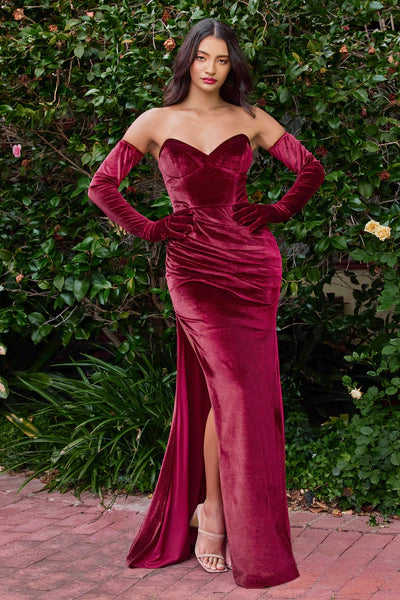 FITTED STRAPLESS VELVET GOWN BY CINDERELLA DIVINE CH176