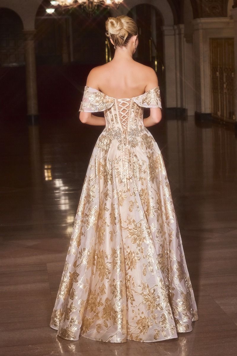 Off-Shoulder Metallic Floral Ball Gown Prom Dress - Ladivine CD682