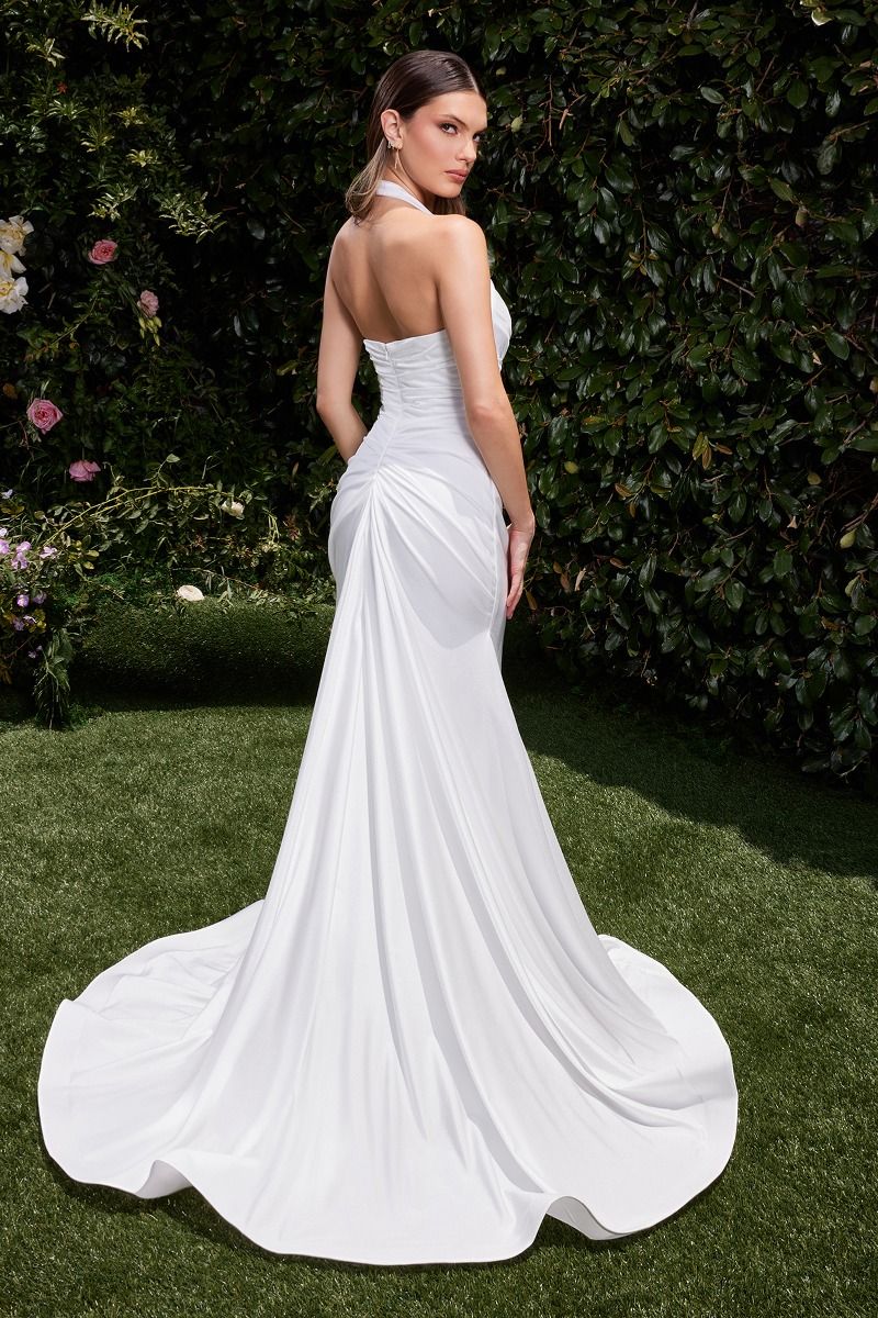 Halter High-Slit White Satin Bridal Gown - Ladivine CD796W