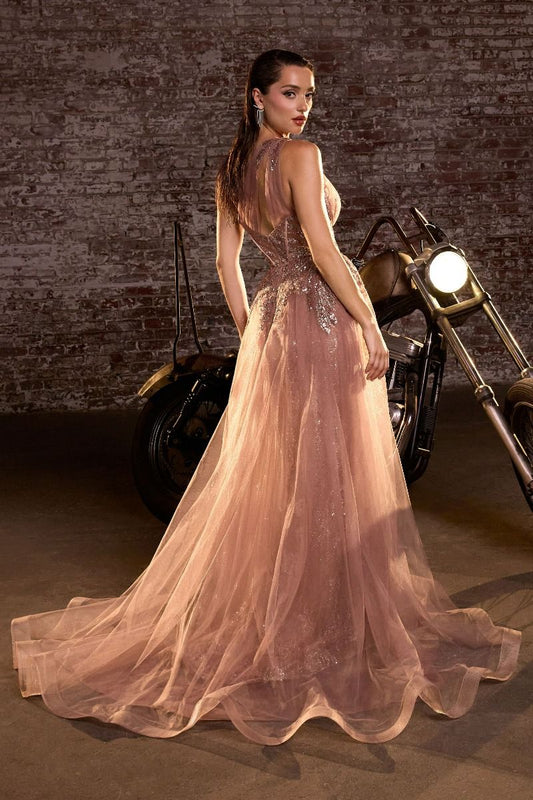 One-Shoulder Glitter Corset High-Slit Prom Gown - Ladivine J869