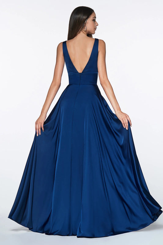 Satin V-Neck Long Dress with Slit - Cinderella Divine 7469