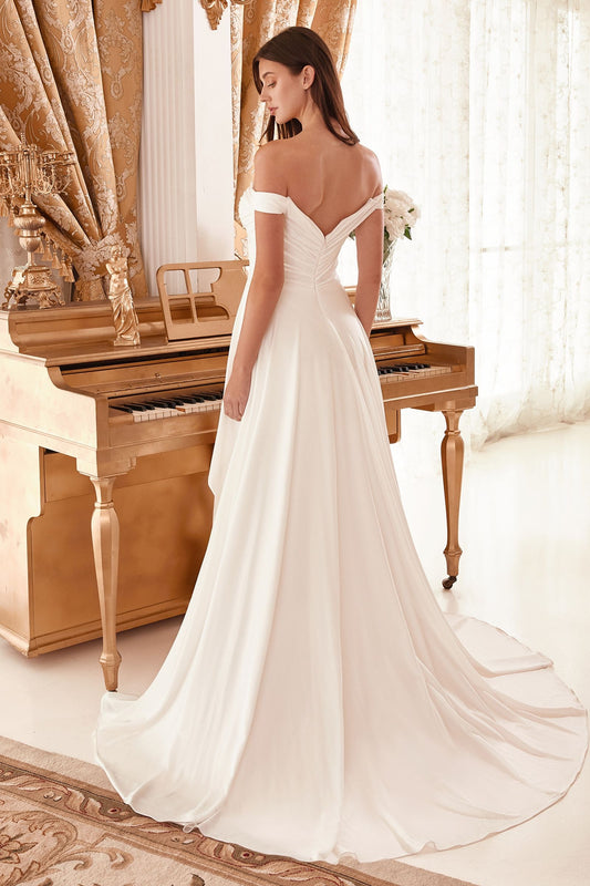 Off Shoulder Ruched Wedding Gown with Overskirt - Ladivine WN315