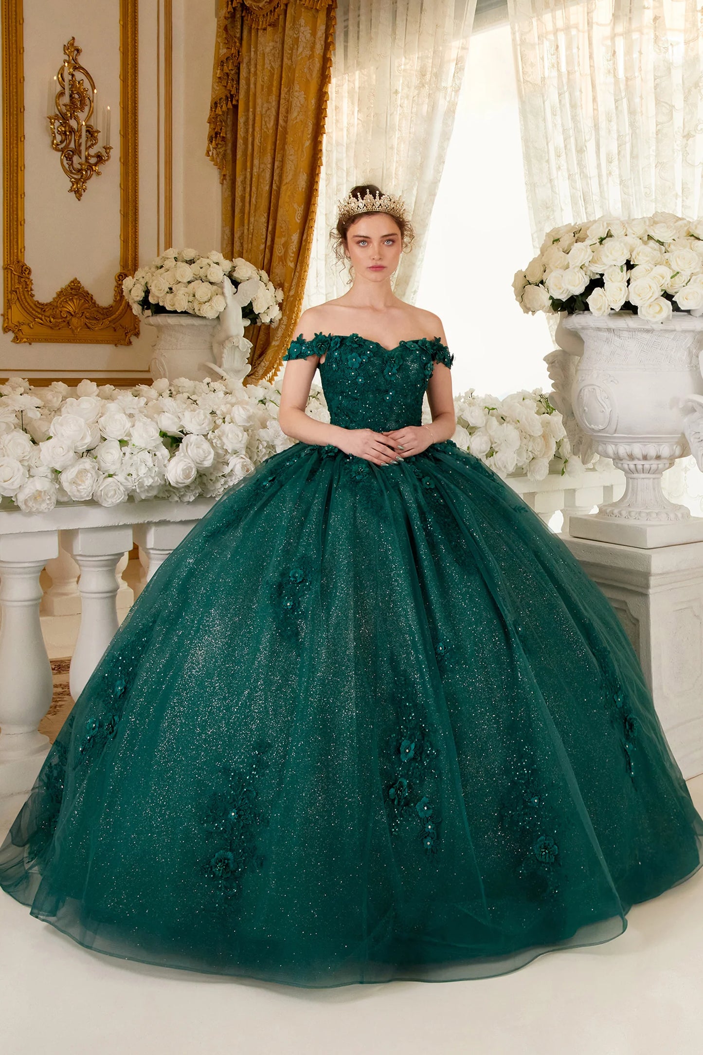 FLORAL APPLIQUE OFF SHOULDER BALL GOWN BY LADIVINE 15702