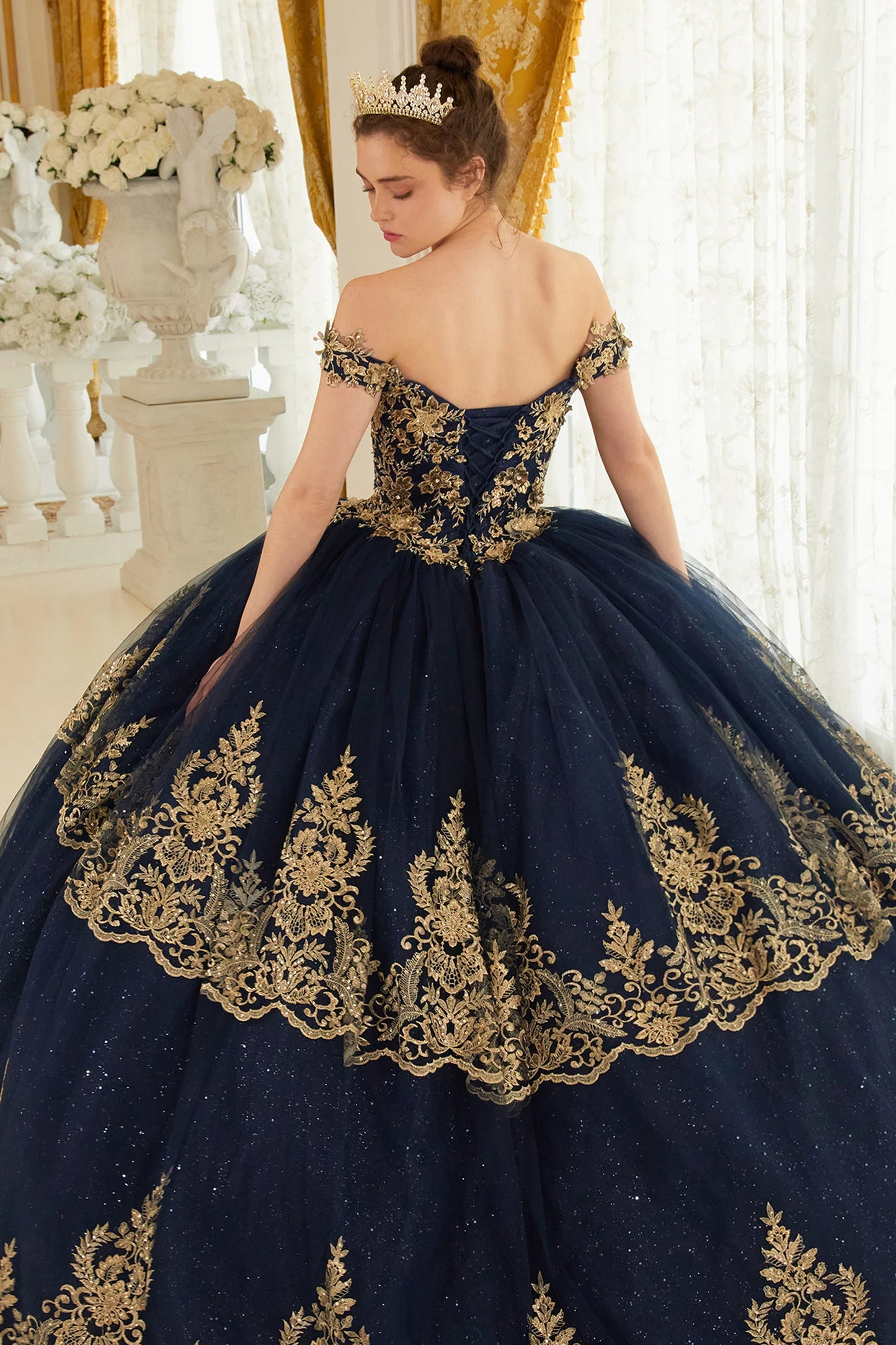 APPLIQUE GLITTER OFF SHOULDER BALL GOWN BY LADIVINE 15705