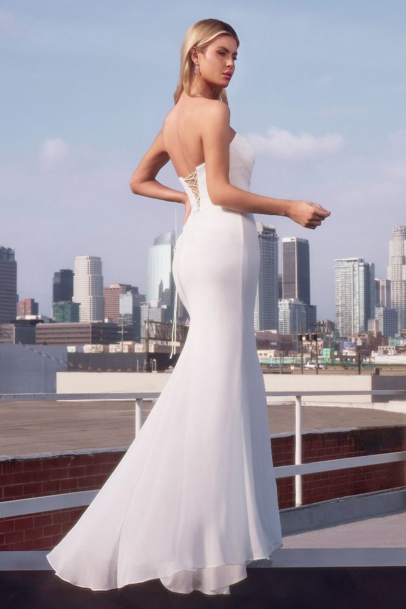 Strapless White Chiffon Fitted Bridal Gown - Ladivine 7434W