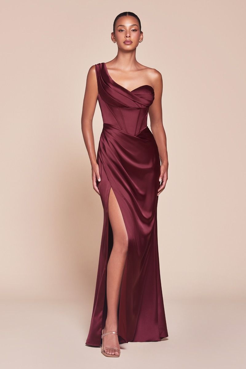One Shoulder Satin Fitted High-Slit Gown - Ladivine 7448