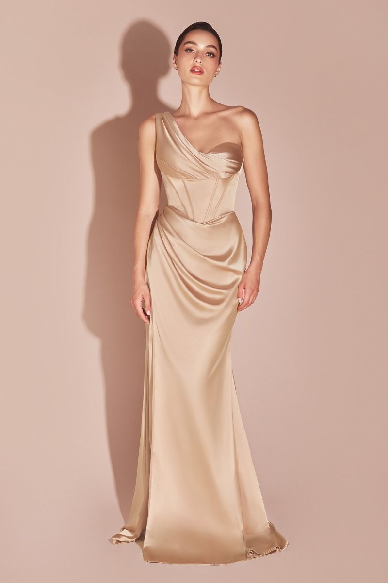One Shoulder Satin Fitted High-Slit Gown - Ladivine 7448