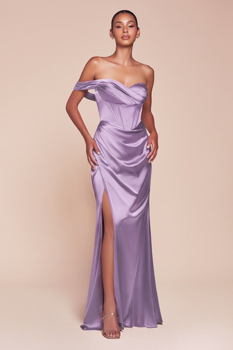 One Shoulder Satin Fitted High-Slit Gown - Ladivine 7448