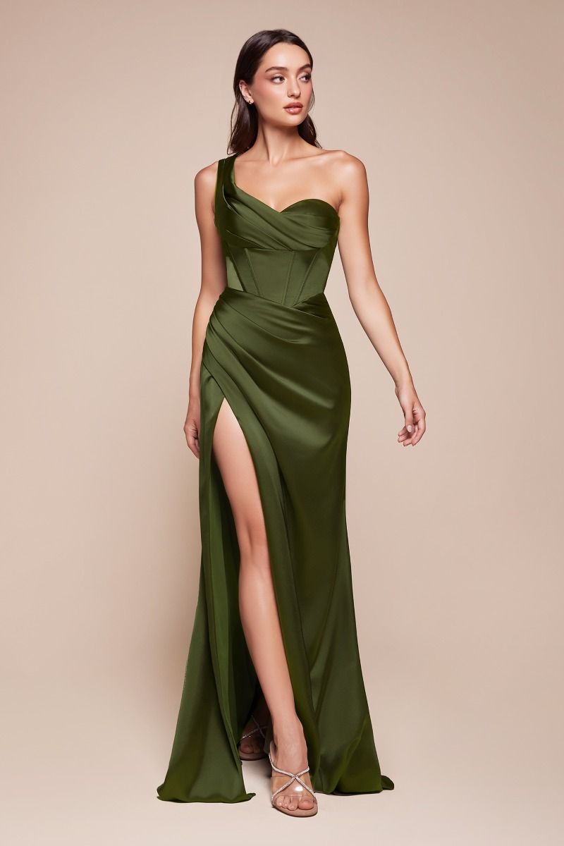 One Shoulder Satin Fitted High-Slit Gown - Ladivine 7448