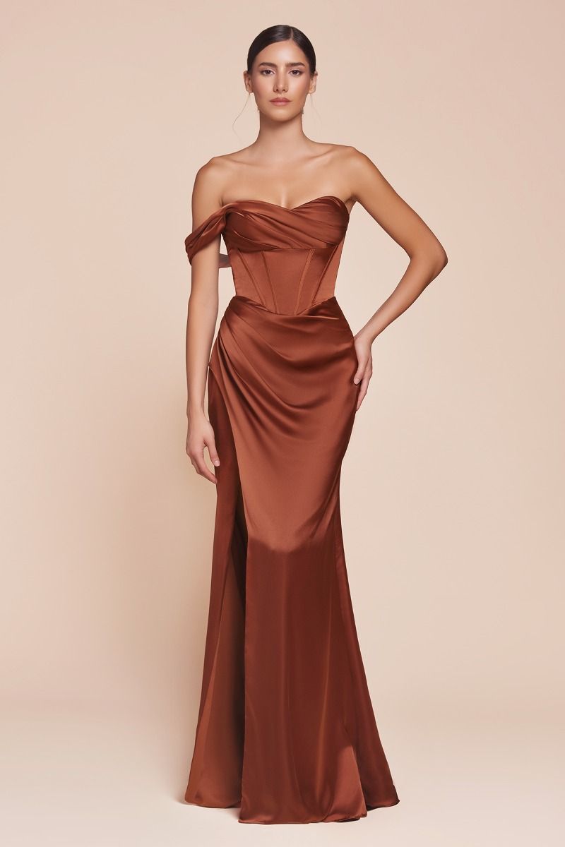 One Shoulder Satin Fitted High-Slit Gown - Ladivine 7448