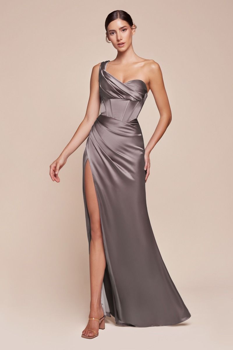 One Shoulder Satin Fitted High-Slit Gown - Ladivine 7448