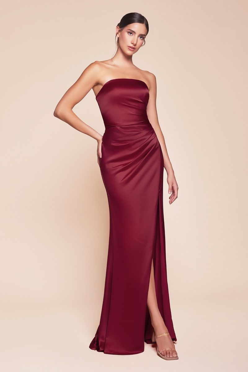 Strapless Fitted Satin High-Slit Gown - Ladivine 7451