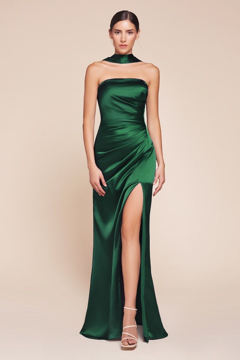 Strapless Fitted Satin High-Slit Gown - Ladivine 7451