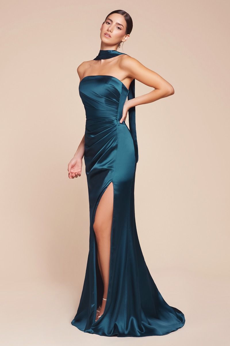 Strapless Fitted Satin High-Slit Gown - Ladivine 7451