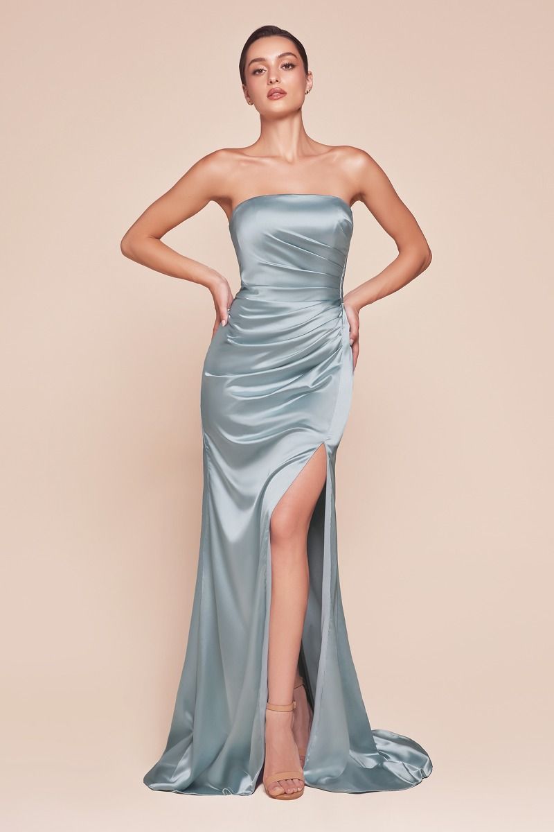 Strapless Fitted Satin High-Slit Gown - Ladivine 7451