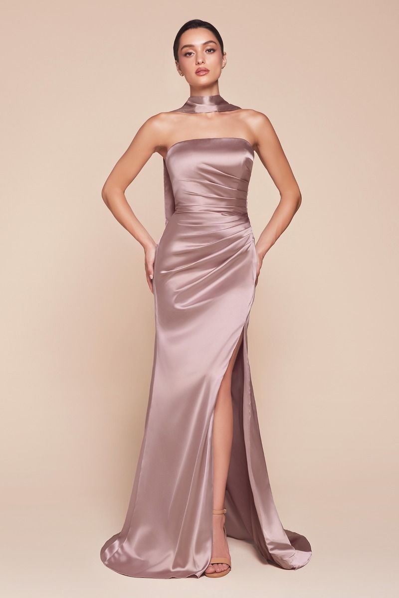 Strapless Fitted Satin High-Slit Gown - Ladivine 7451