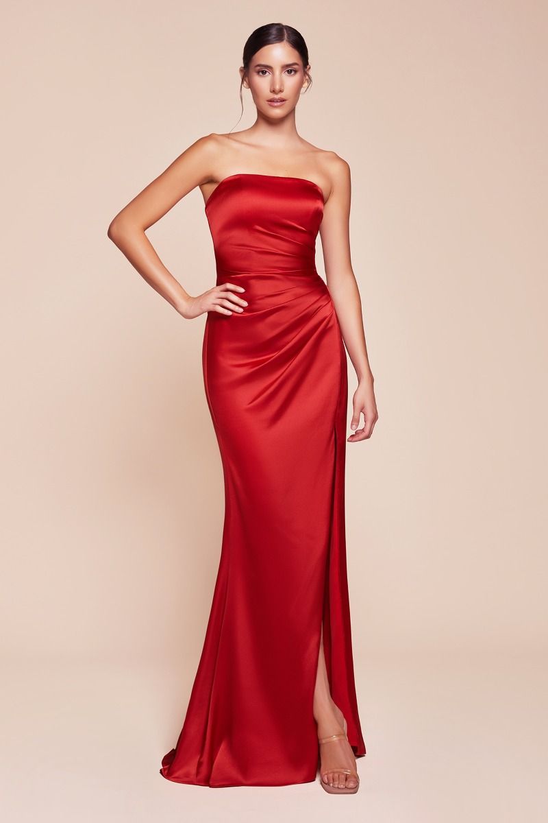 Strapless Fitted Satin High-Slit Gown - Ladivine 7451