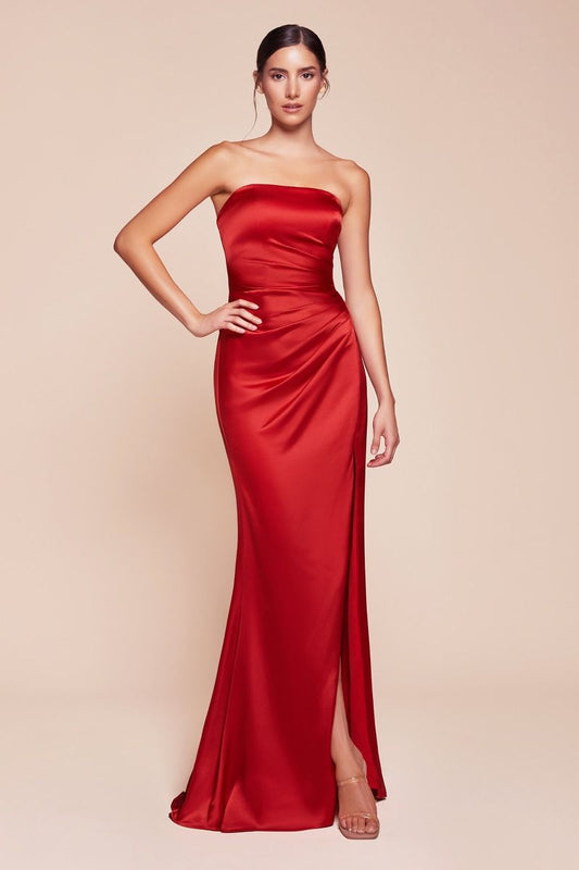 Strapless Fitted Satin High-Slit Gown - Ladivine 7451