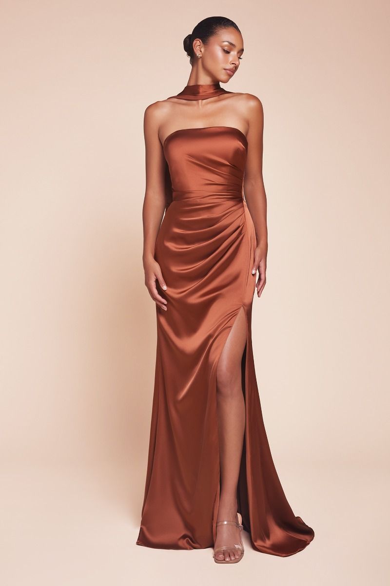 Strapless Fitted Satin High-Slit Gown - Ladivine 7451