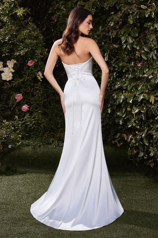Strapless White Satin Slit Bridal Gown - Ladivine 7451W
