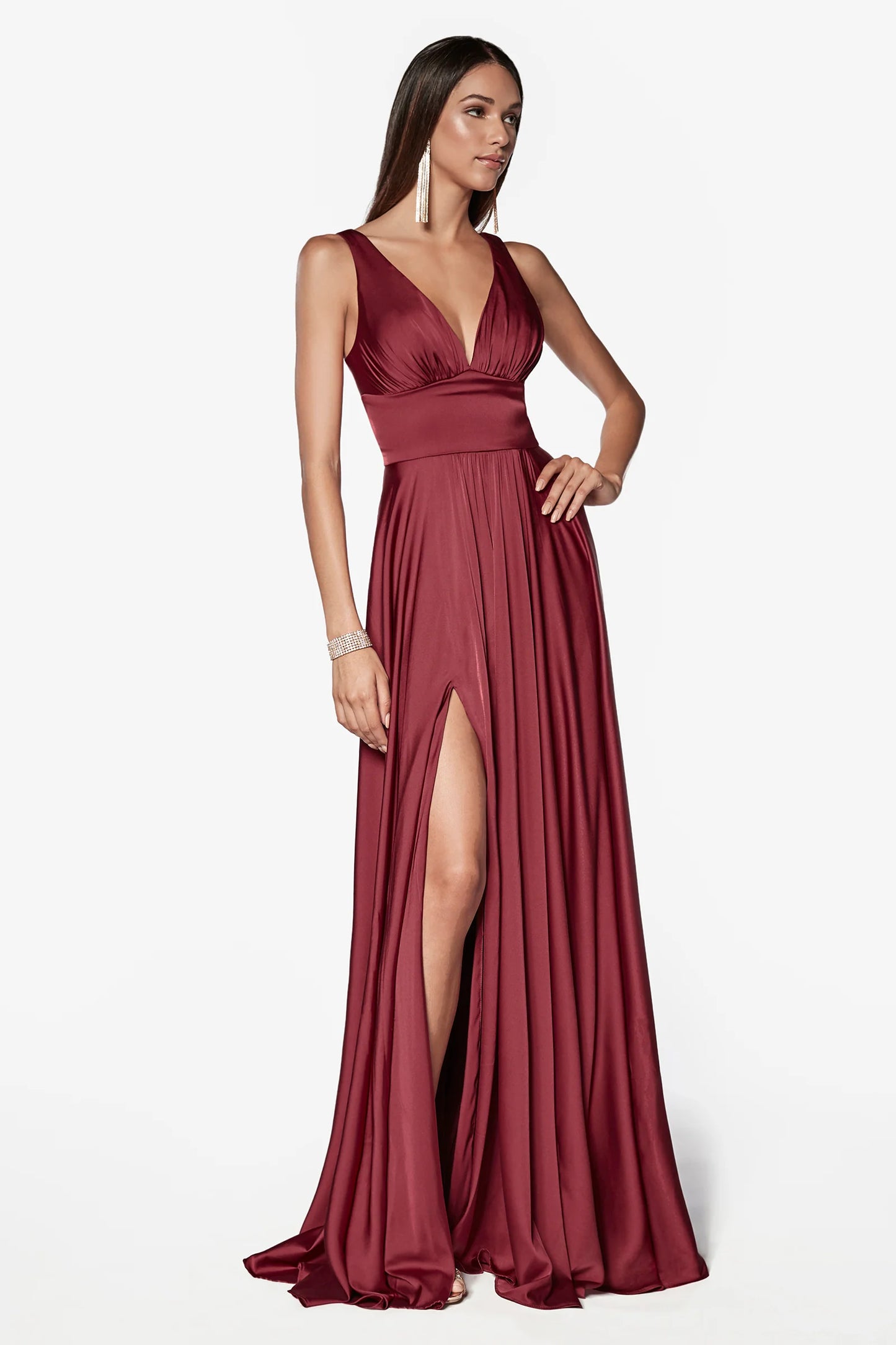 LONG SATIN V-NECK DRESS WITH SLIT BY CINDERELLA DIVINE 7469