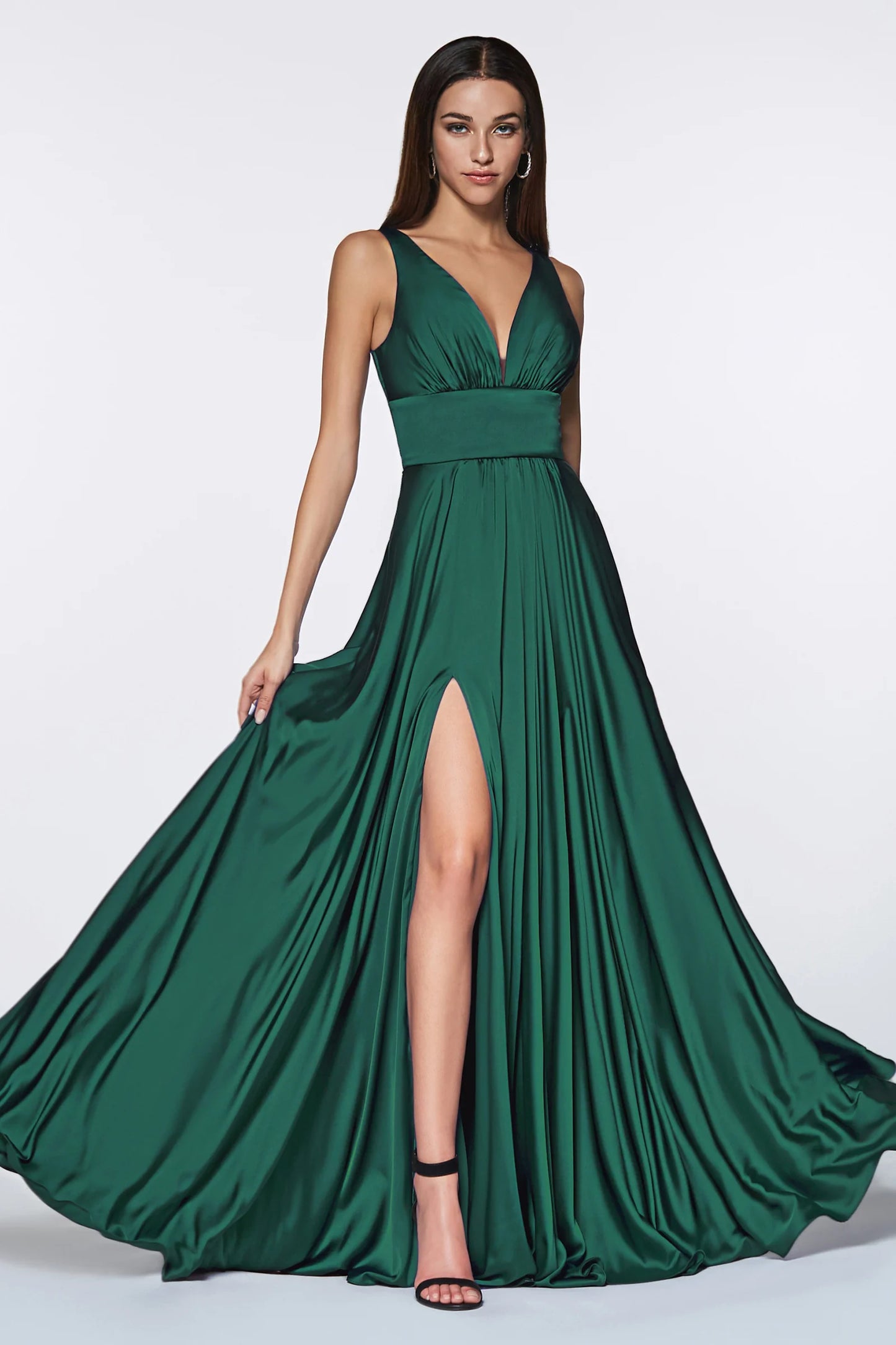 LONG SATIN V-NECK DRESS WITH SLIT BY CINDERELLA DIVINE 7469