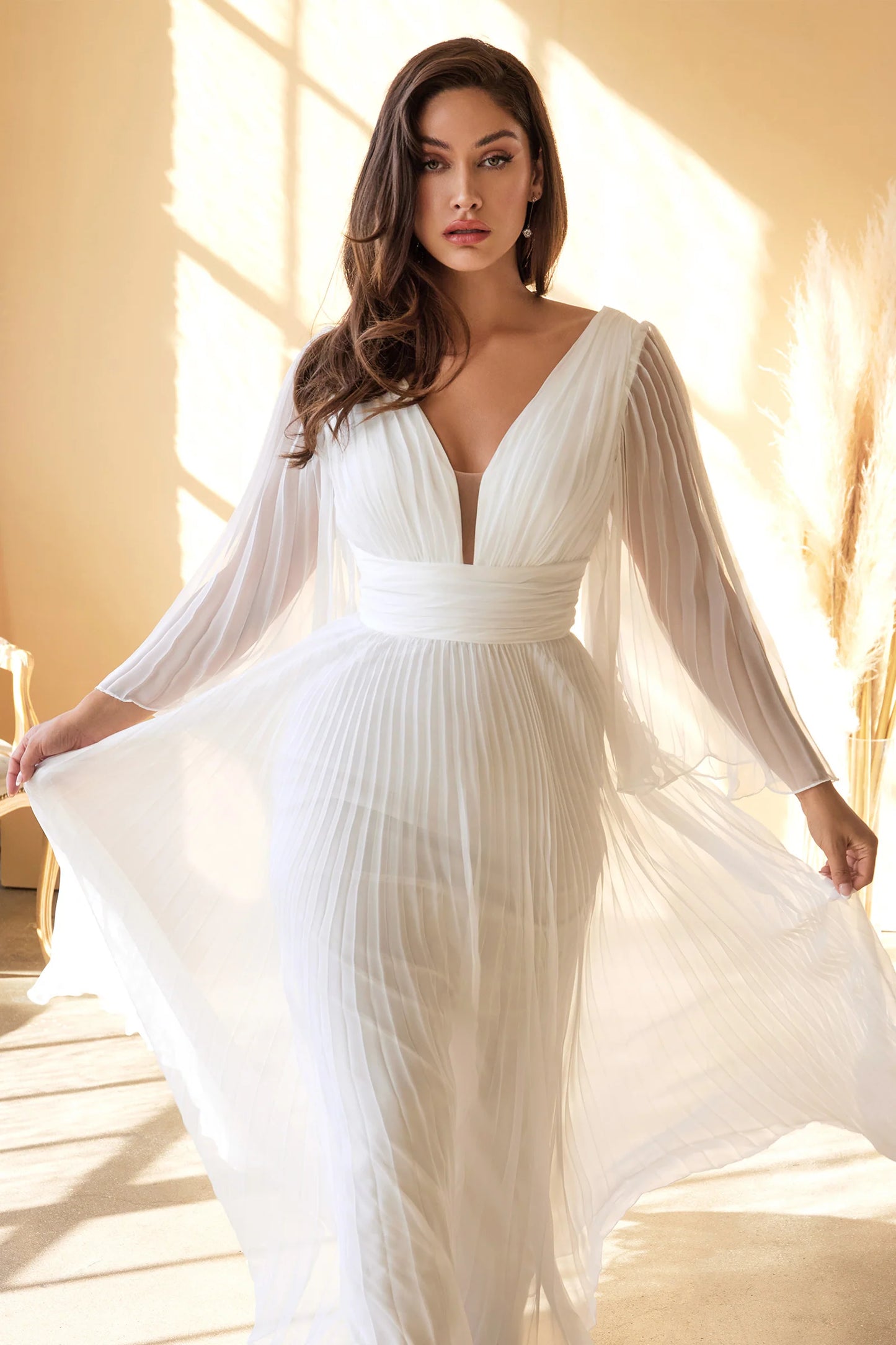 WHITE PLEATED BELL SLEEVE GOWN BY CINDERELLA DIVINE CD242W