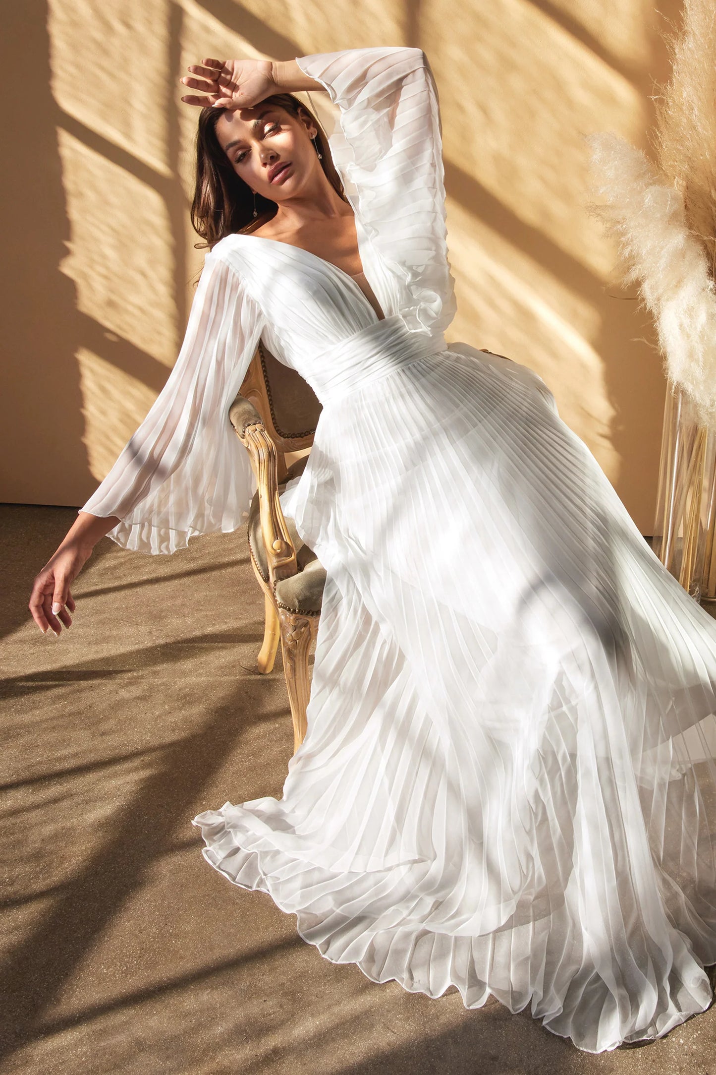 WHITE PLEATED BELL SLEEVE GOWN BY CINDERELLA DIVINE CD242W