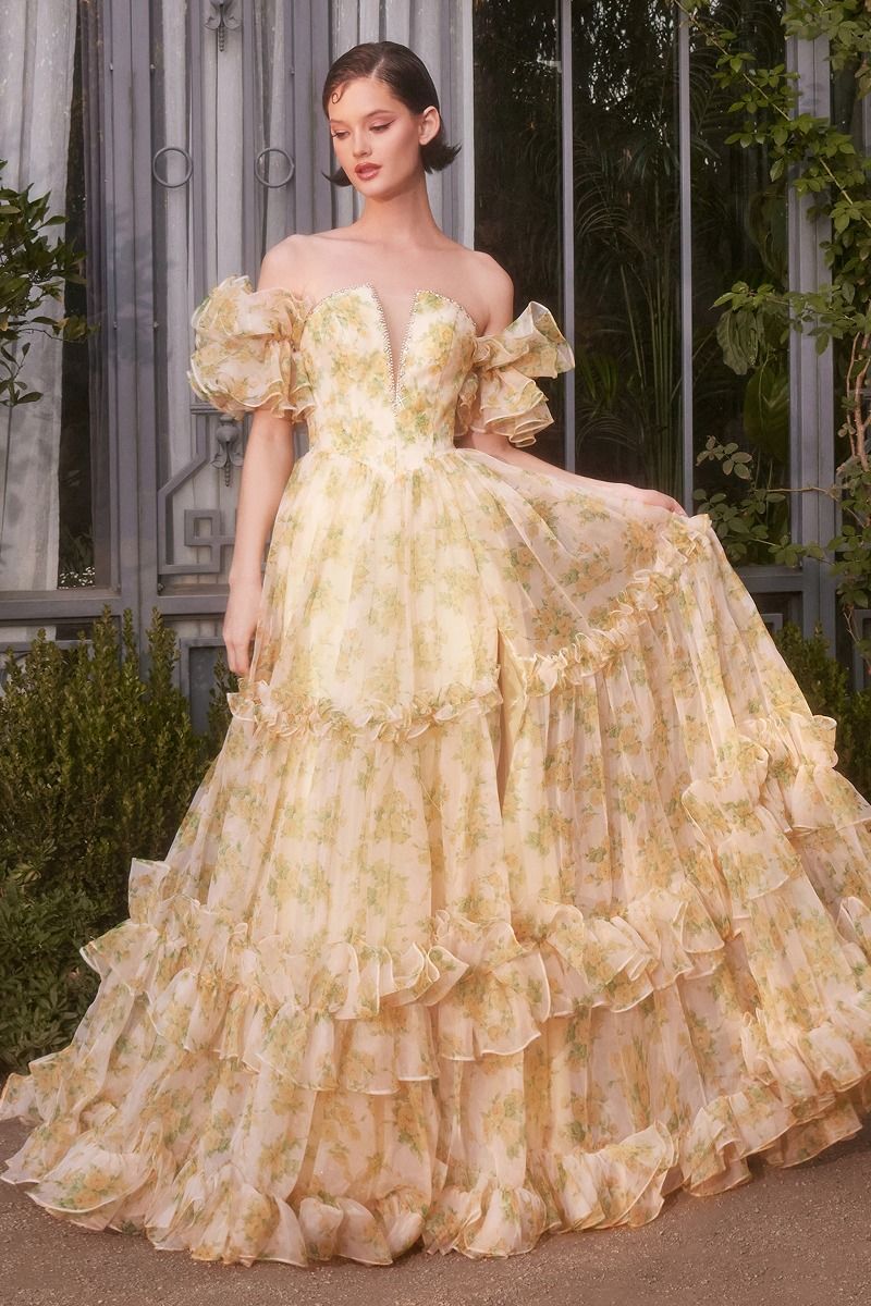 Floral Ruffle Off-Shoulder Prom Gown - Andrea & Leo A1430