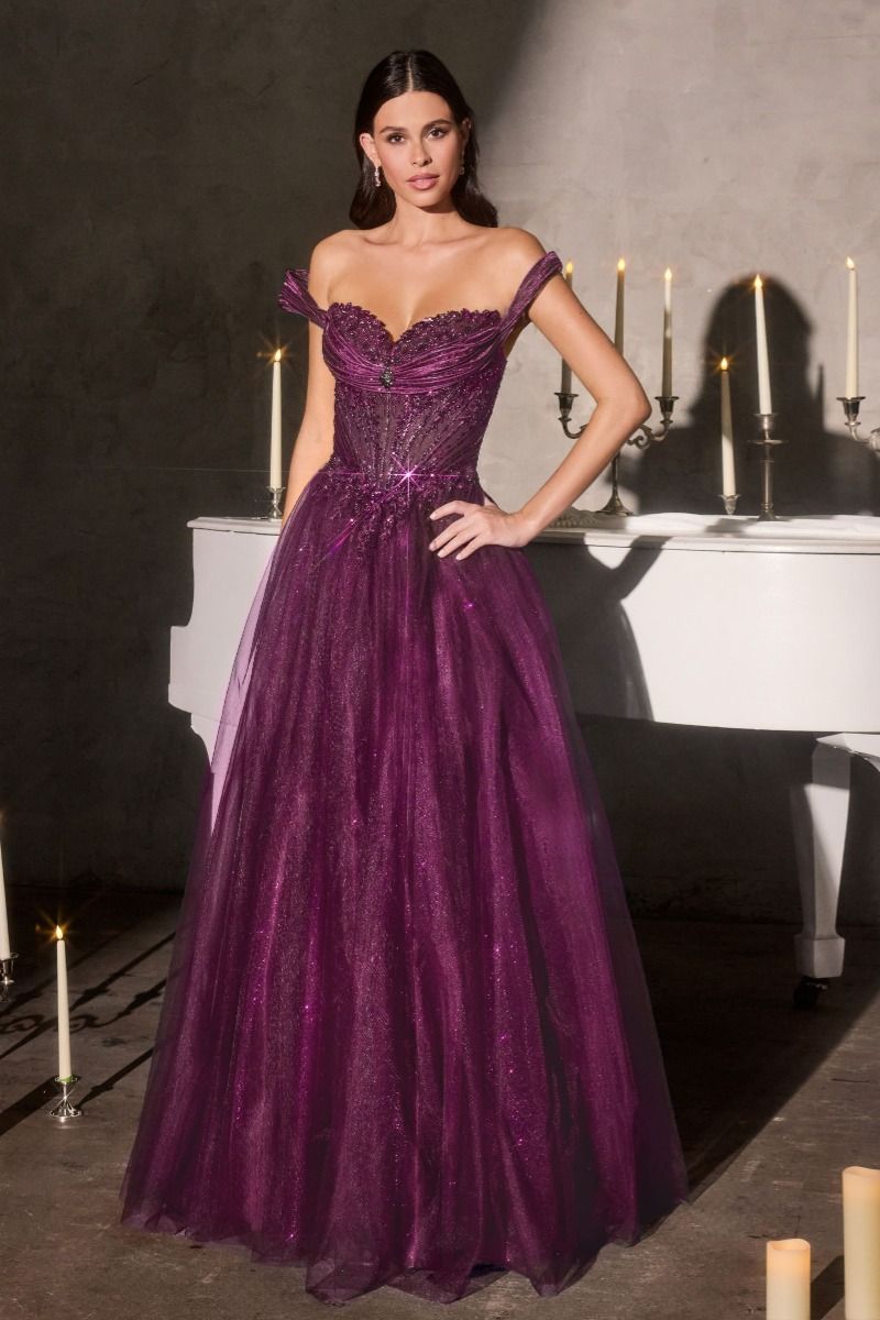 Off-Shoulder Glitter Corset Ball Gown- Ladivine CC493
