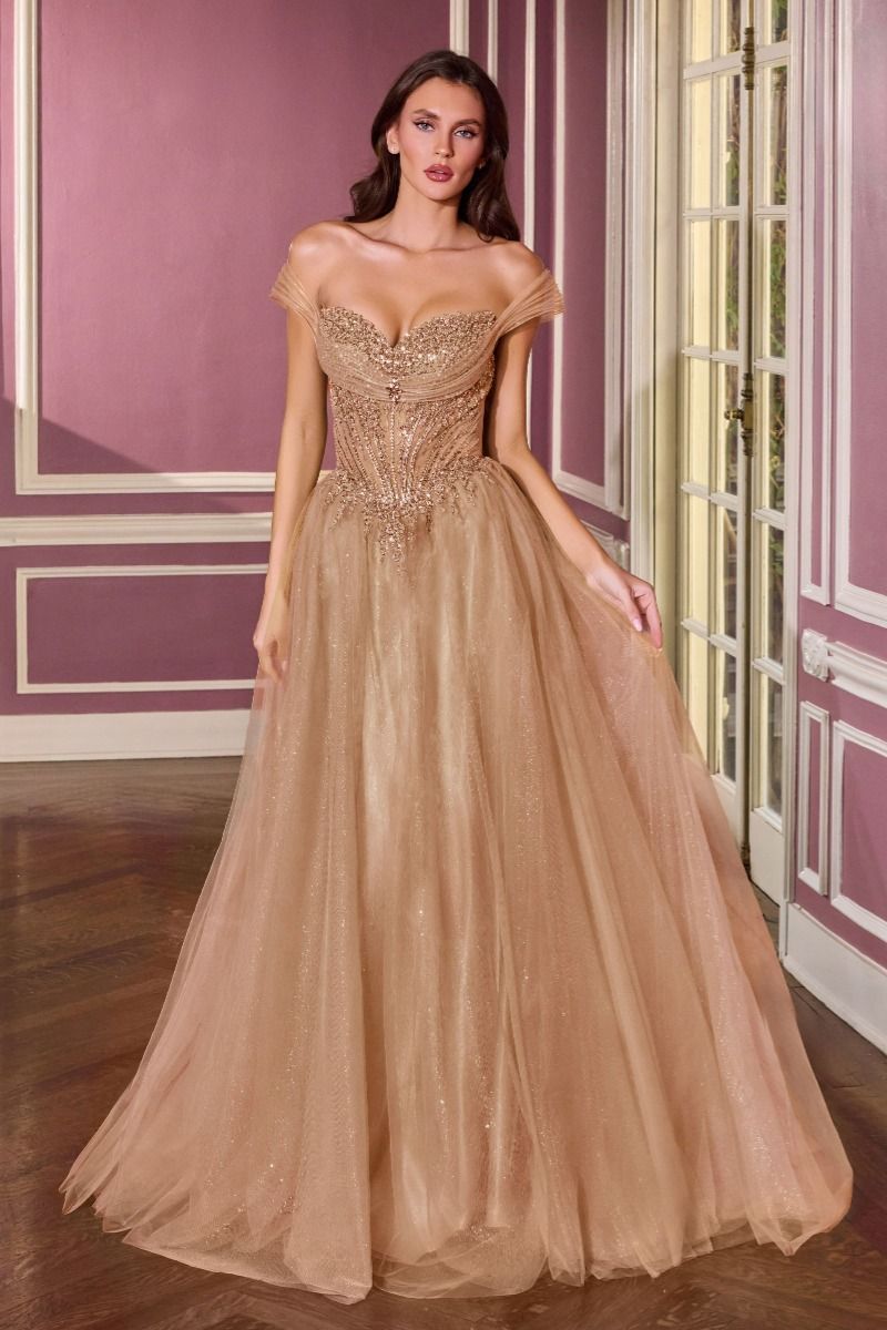 Off-Shoulder Glitter Corset Ball Gown- Ladivine CC493