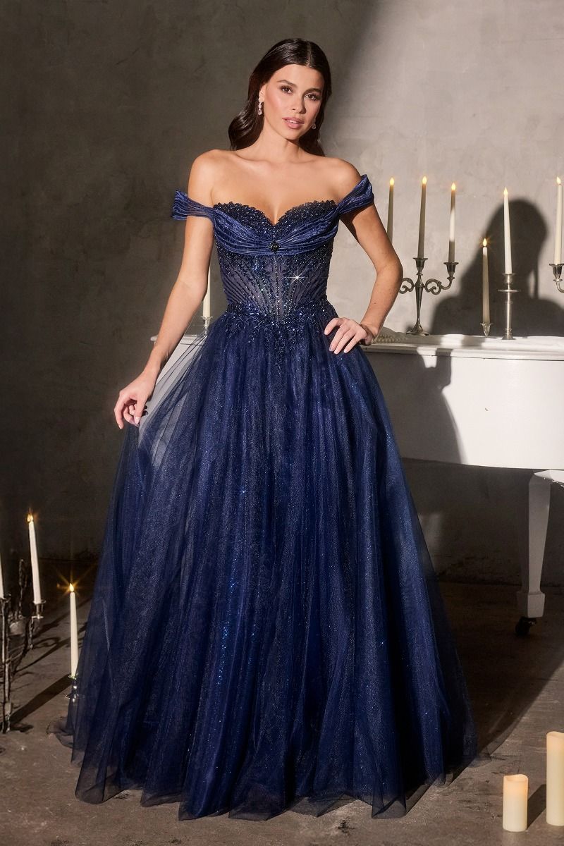 Off-Shoulder Glitter Corset Ball Gown- Ladivine CC493
