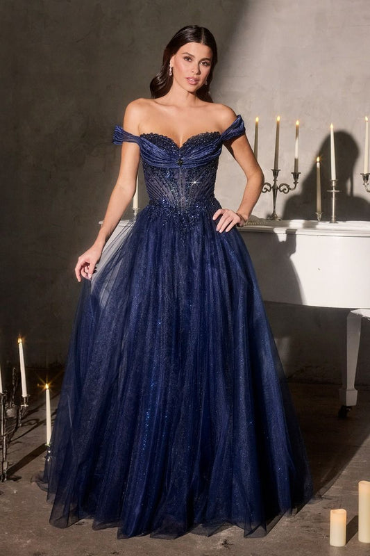 Off-Shoulder Glitter Corset Ball Gown- Ladivine CC493
