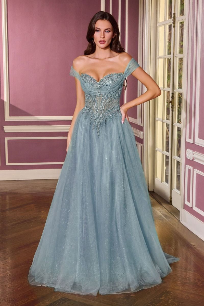 Off-Shoulder Glitter Corset Ball Gown- Ladivine CC493