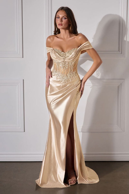 Off Shoulder Beaded Satin Slit Gown - Ladivine CC494
