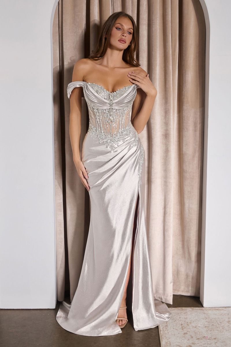 Off Shoulder Beaded Satin Slit Gown - Ladivine CC494