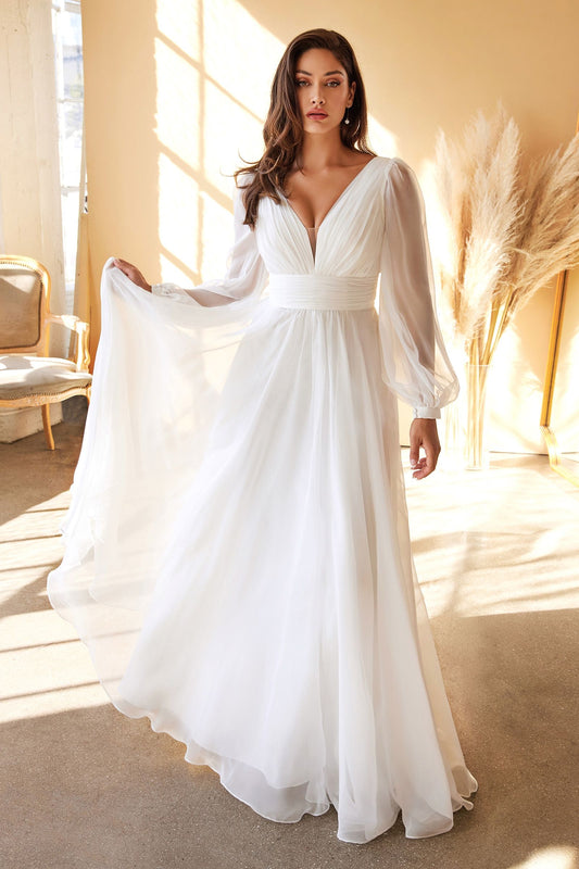 WHITE LONG SLEEVE CHIFFON GOWN BY CINDERELLA DIVINE CD0192W