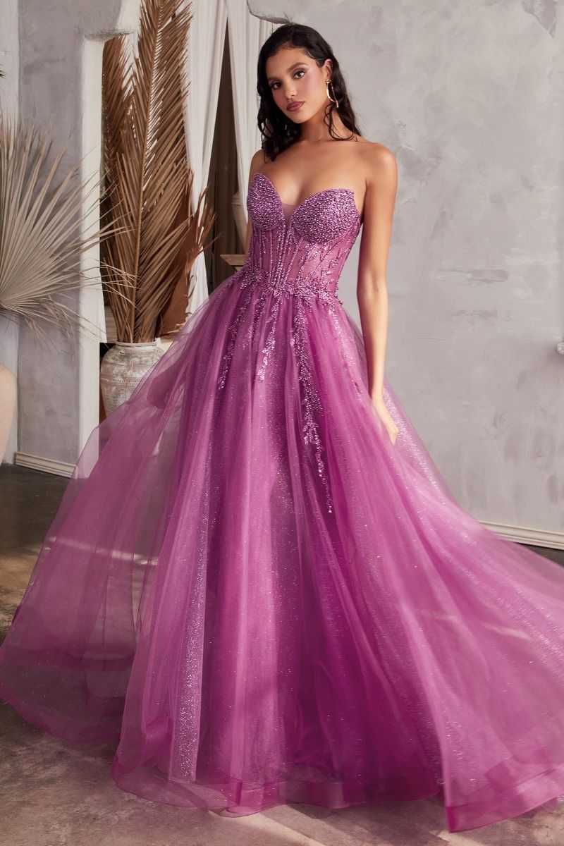 Strapless Tulle Corset Sheer Prom Ball Gown - Ladivine CD0230