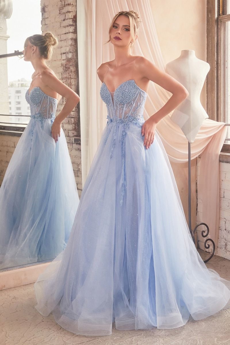 Strapless Tulle Corset Sheer Prom Ball Gown - Ladivine CD0230