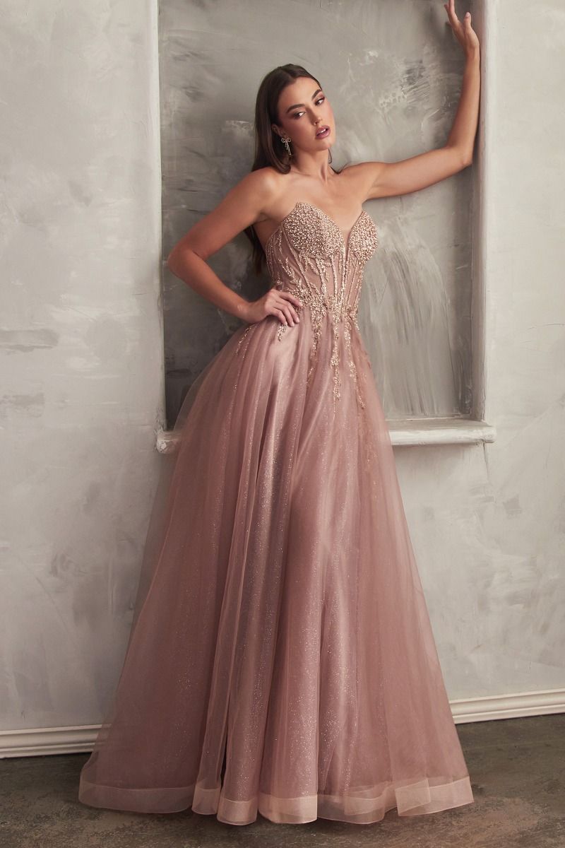 Strapless Tulle Corset Sheer Prom Ball Gown - Ladivine CD0230