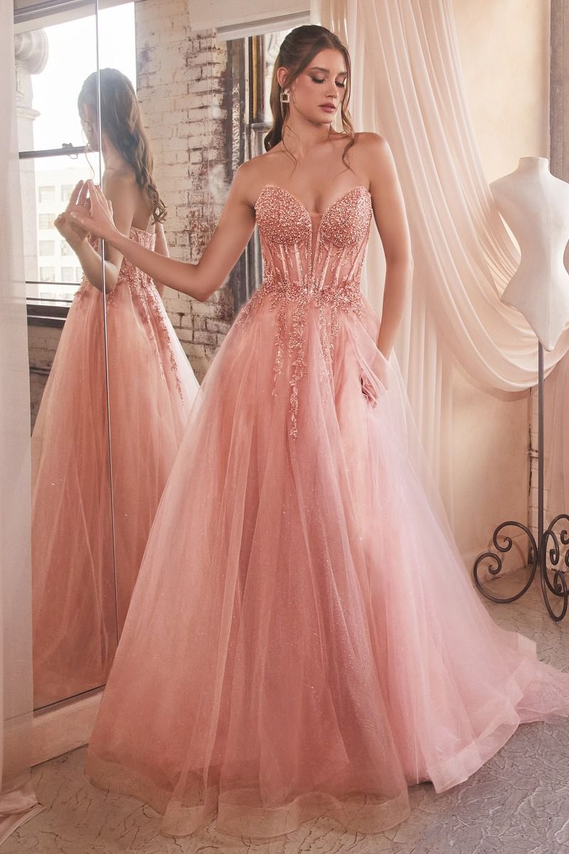 Strapless Tulle Corset Sheer Prom Ball Gown - Ladivine CD0230