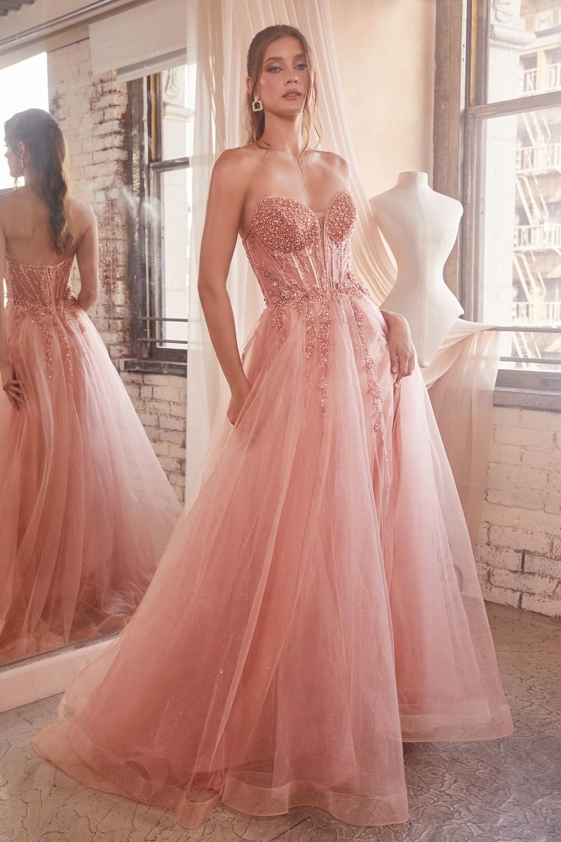 Strapless Tulle Corset Sheer Prom Ball Gown - Ladivine CD0230