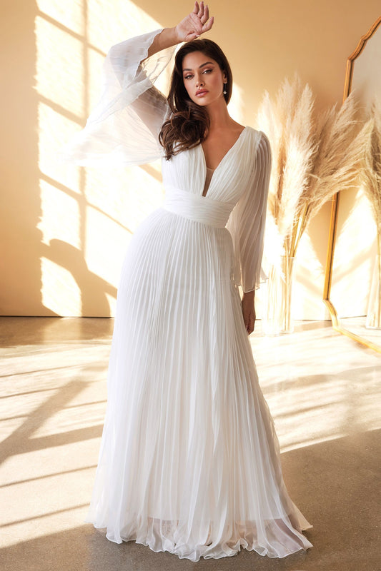 WHITE PLEATED BELL SLEEVE GOWN BY CINDERELLA DIVINE CD242W