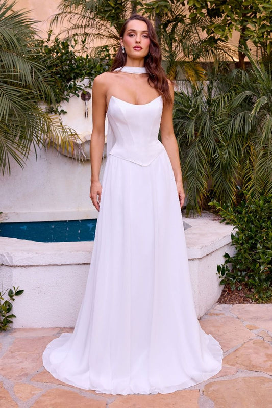 Strapless A-line White Chiffon Bridal Gown - Ladivine CD386W