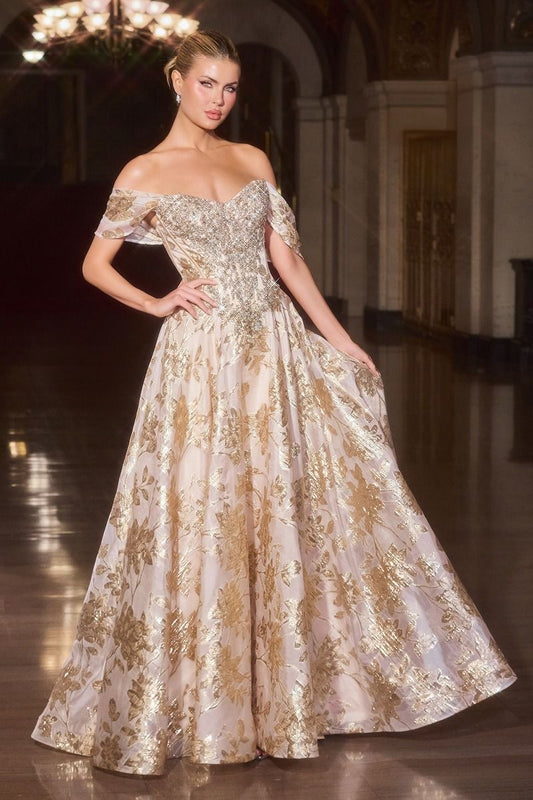 Off-Shoulder Metallic Floral Ball Gown Prom Dress - Ladivine CD682
