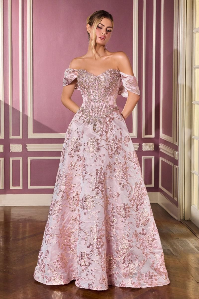 Off-Shoulder Metallic Floral Ball Gown Prom Dress - Ladivine CD682