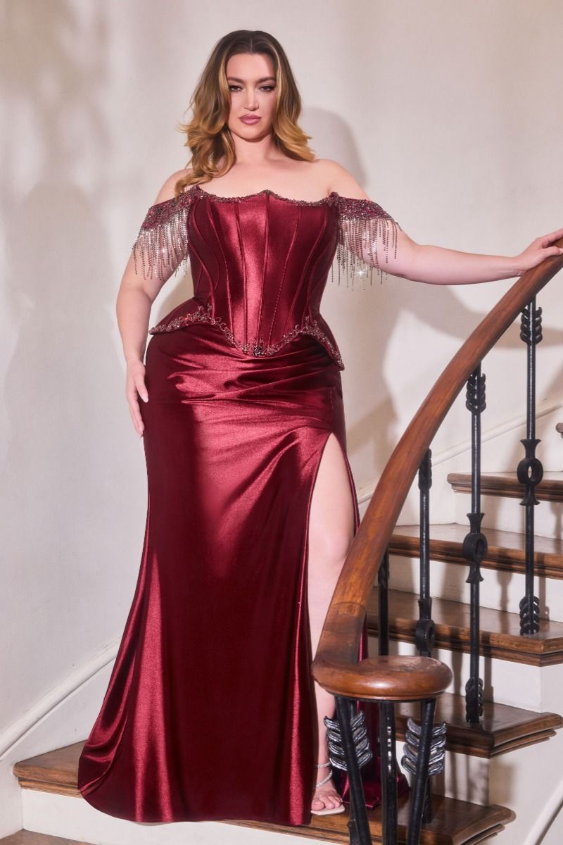 Off Shoulder Satin Beaded Fringe Prom Gown - Ladivine CD688