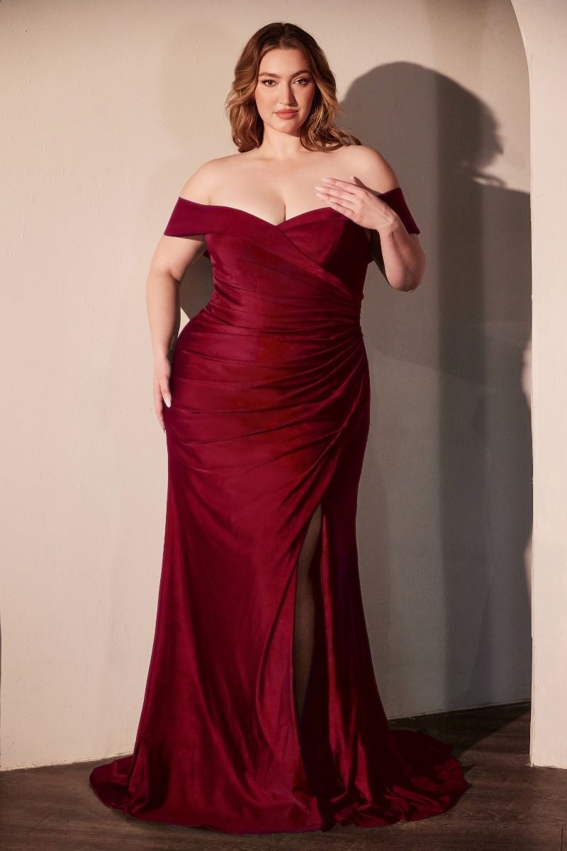 Off-Shoulder Satin Plus Size Prom Dress with High Slit - Ladivine CD790C