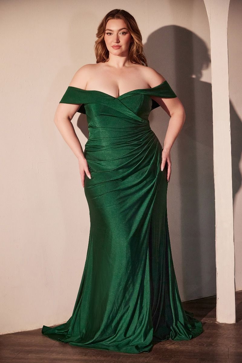 Off-Shoulder Satin Plus Size Prom Dress with High Slit - Ladivine CD790C
